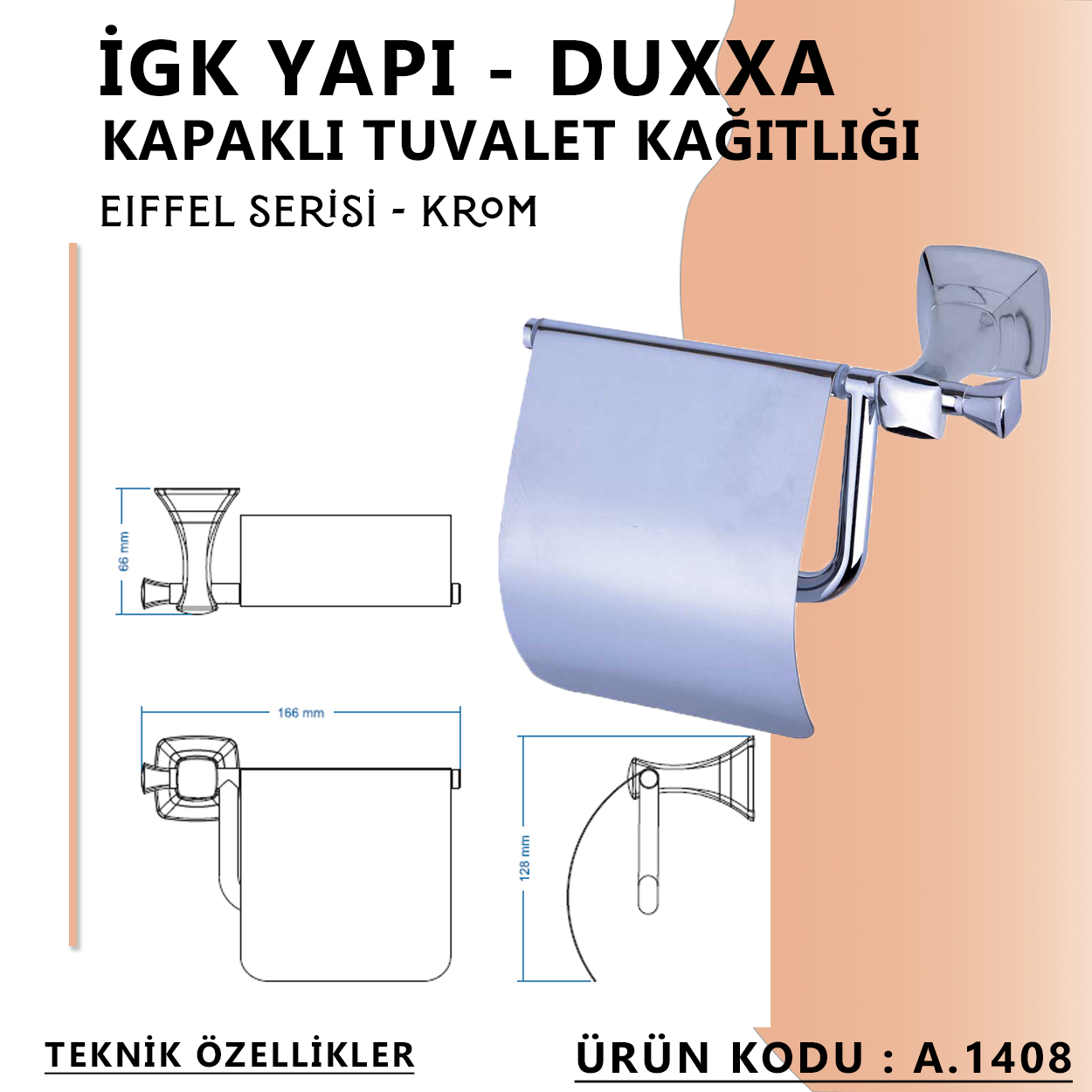 İGK YAPI - Duxxa Eiffel Kapaklı Tuvalet Kağıtlığı Krom (A.1408) - Resim 3