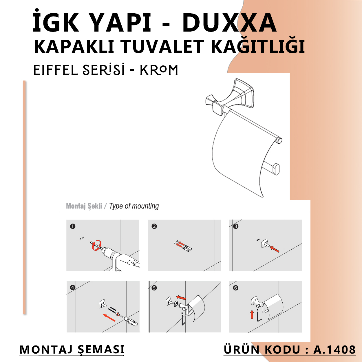 İGK YAPI - Duxxa Eiffel Kapaklı Tuvalet Kağıtlığı Krom (A.1408) - Resim 4