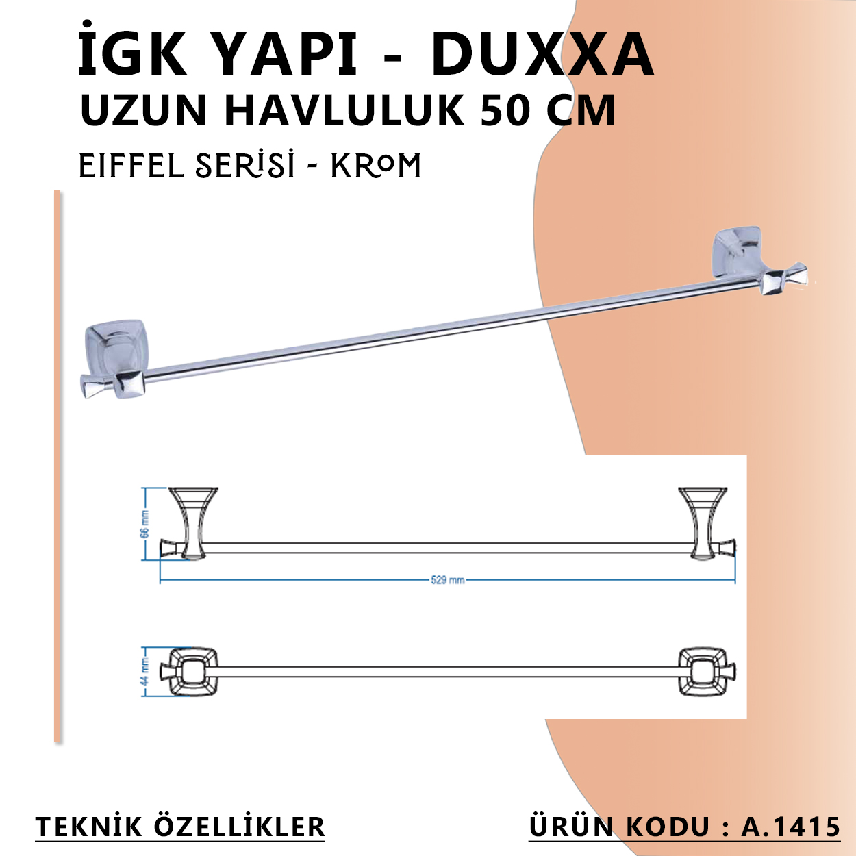 İGK YAPI - Duxxa Eiffel Uzun Havluluk (50 cm) Krom (A.1415) - Resim 3