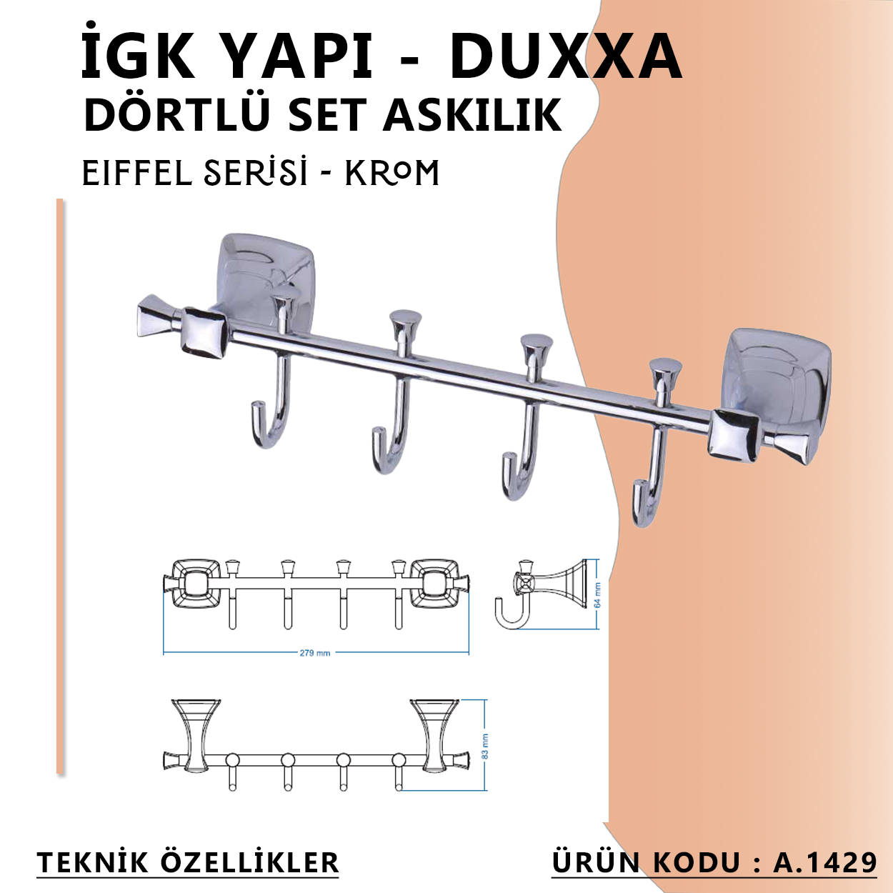 İGK YAPI - Duxxa Eiffel Beşli Set Askılık Krom (A.1429) - Resim 3