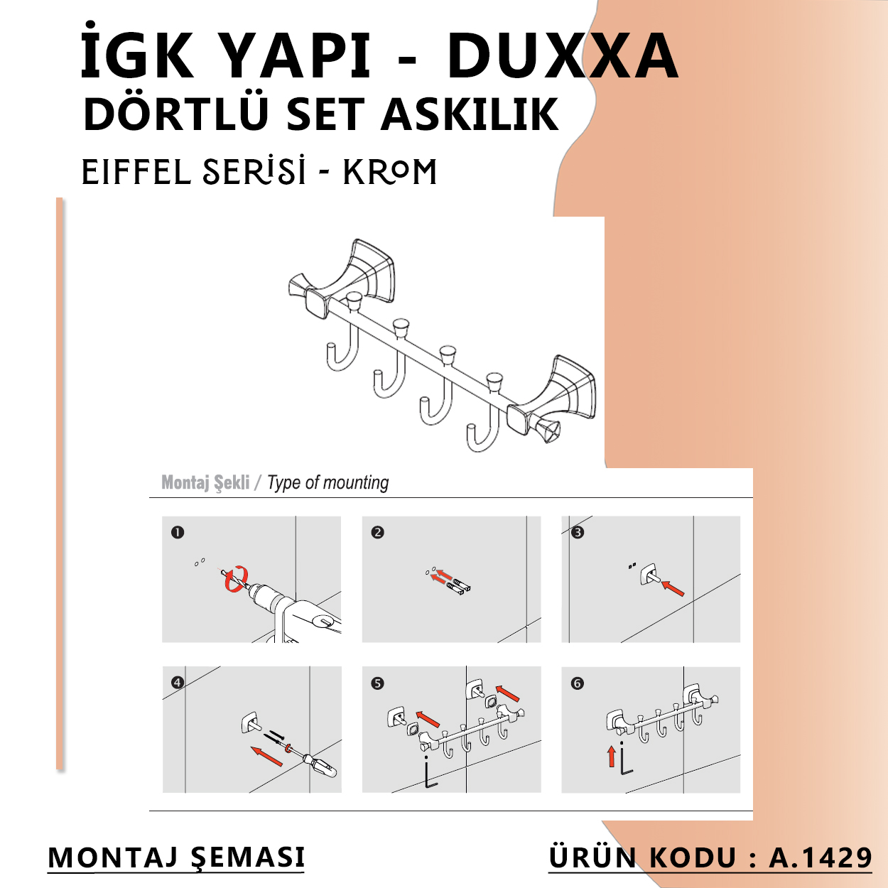 İGK YAPI - Duxxa Eiffel Beşli Set Askılık Krom (A.1429) - Resim 4