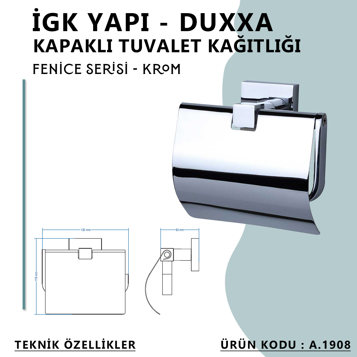 İGK YAPI - Duxxa Fenice Kapaklı Tuvalet Kağıtlığı Krom (A.1908) - Resim 4