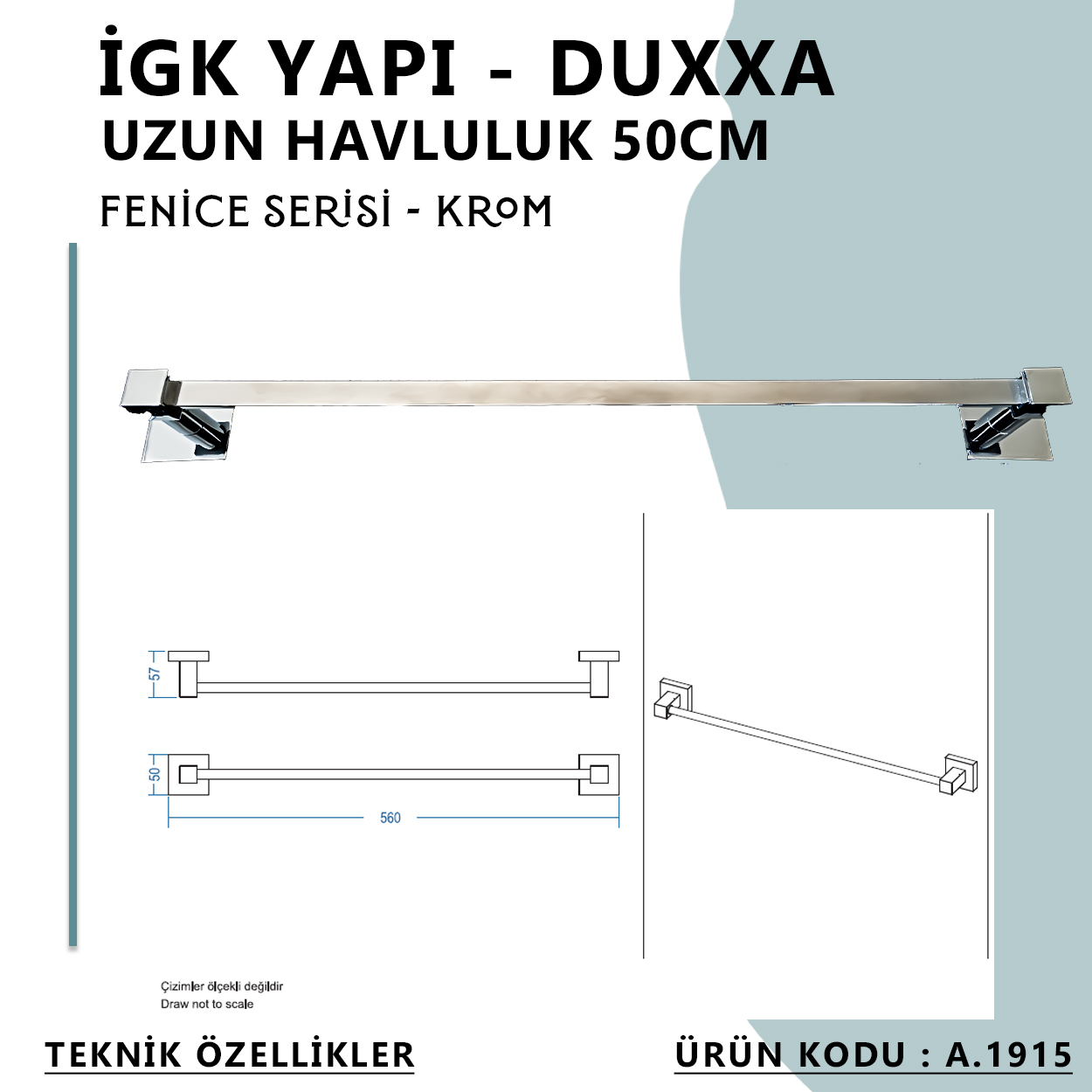 İGK YAPI - Duxxa Fenice Uzun Havluluk (50 cm) Krom (A.1915) - Resim 4