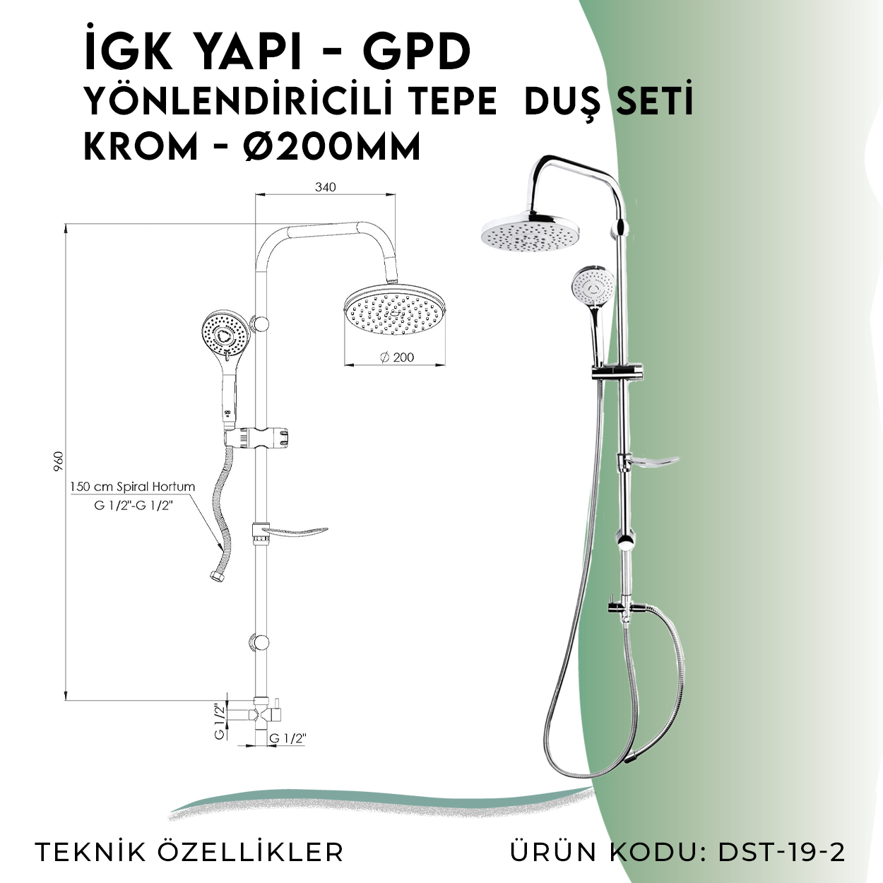 İGK YAPI - GPD Yönlendiricili Duş Seti (3 Fonksiyonlu El Duşu + Ø200) (DST192) - Resim 4