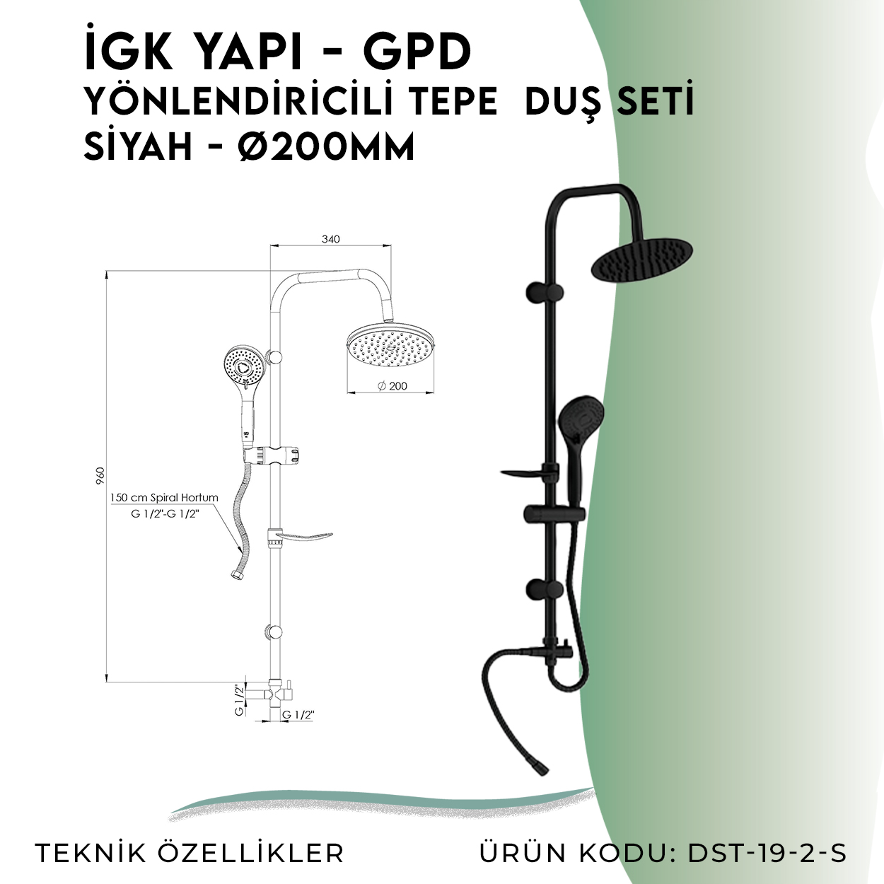 İGK YAPI - GPD Yönlendiricili Duş Seti (3 Fonksiyonlu El Duşu + Ø200) (DST192S) - Resim 4