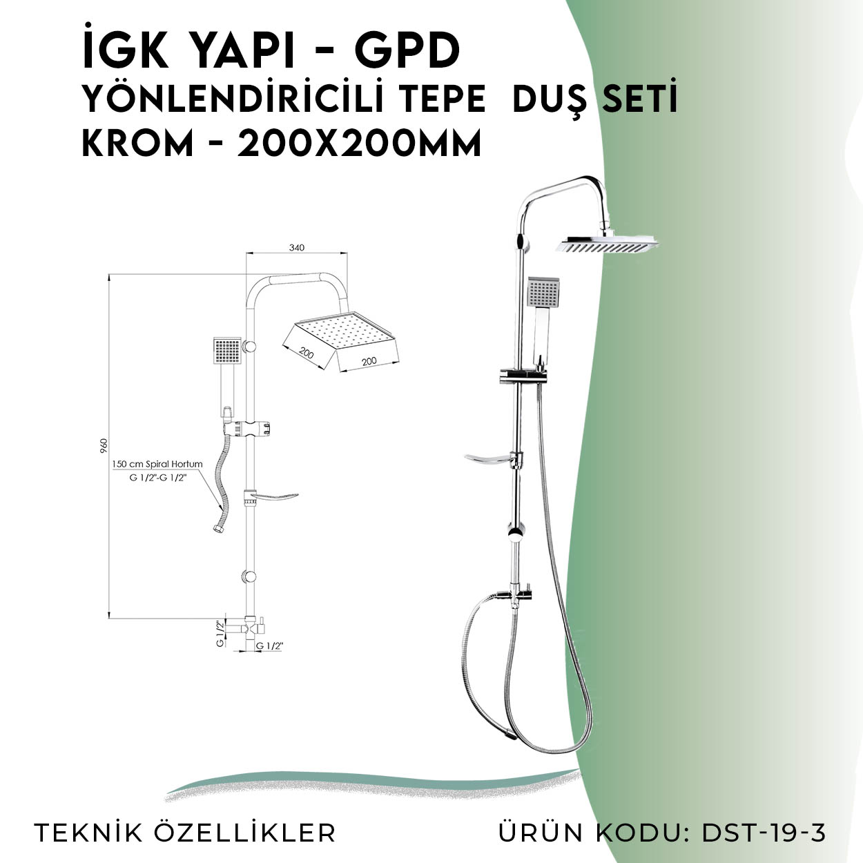 İGK YAPI - GPD Yönlendiricili Duş Seti (Tek Fonksiyonlu El Duşu + 200x200) (DST193) - Resim 4