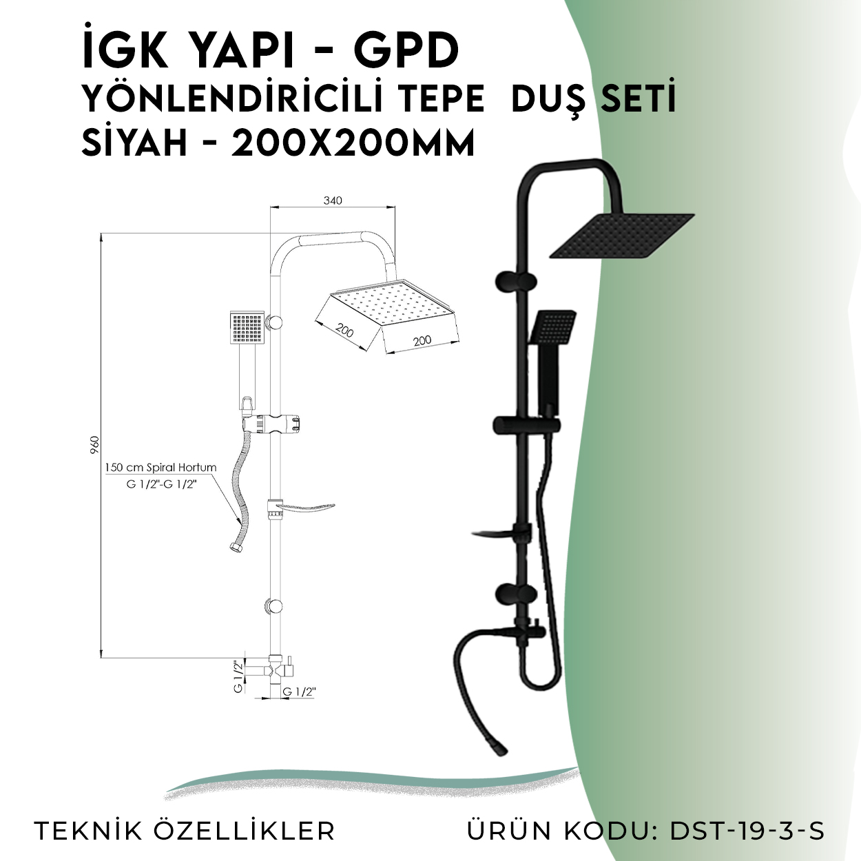 İGK YAPI - GPD Yönlendiricili Duş Seti (Tek Fonksiyonlu El Duşu + 200x200) (DST193S) - Resim 4