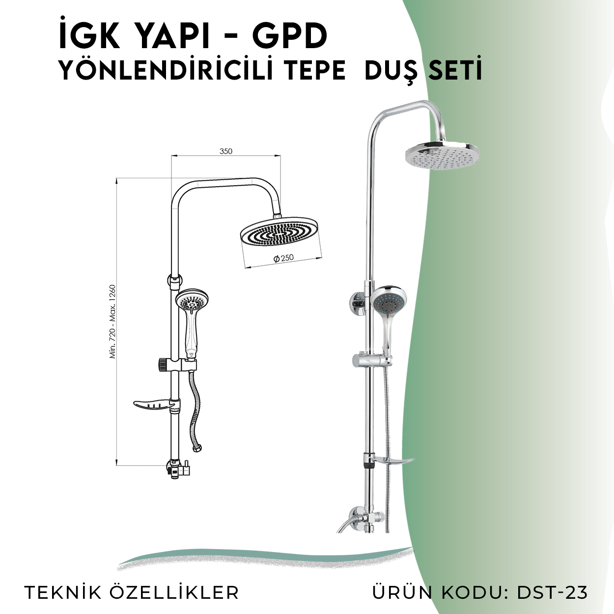 İGK YAPI - GPD Duş Seti (5 Fonksiyonlu El Duşu +Ø250)  (DST23) - Resim 4