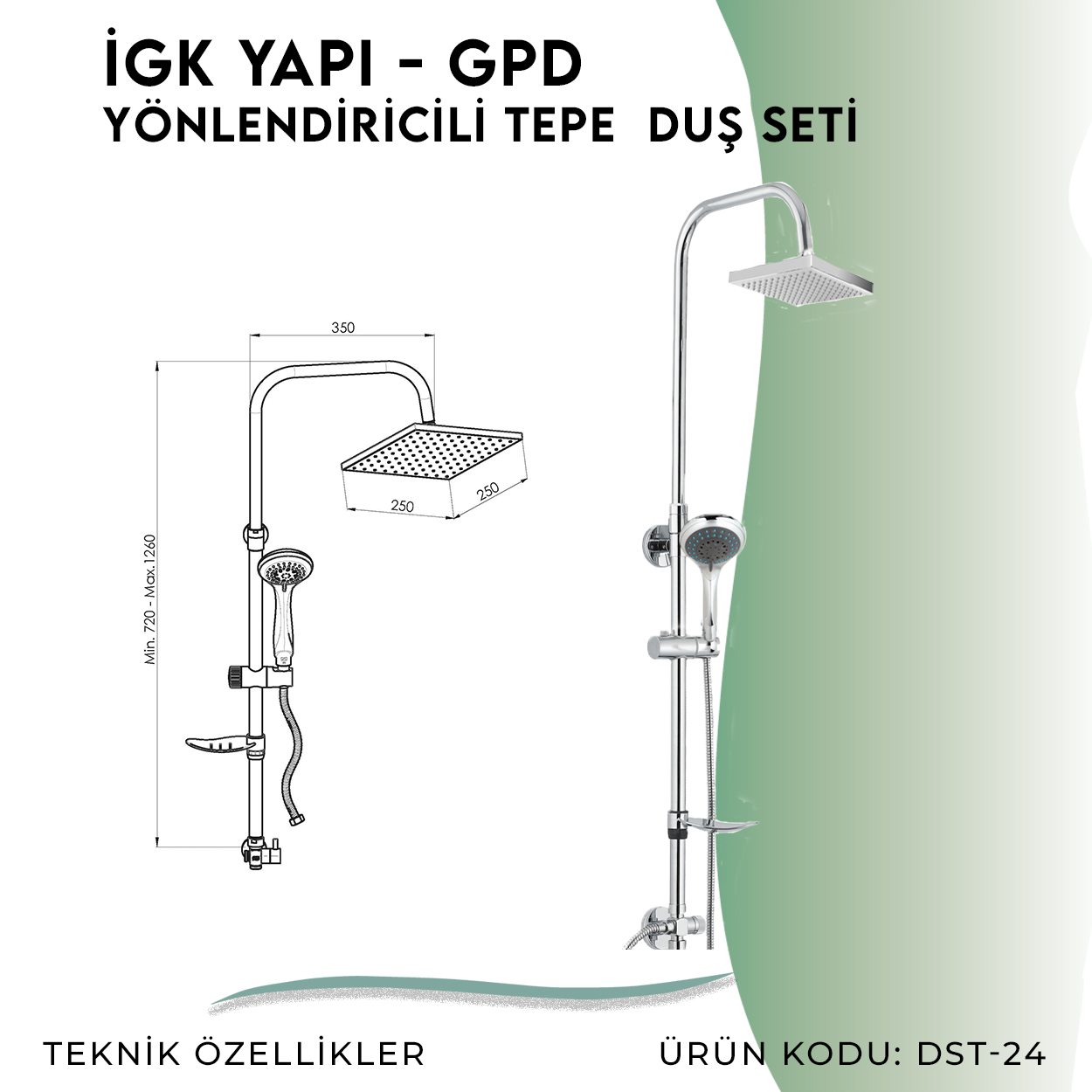 İGK YAPI - GPD Duş Seti (5 Fonksiyonlu El Duşu +250x250) (DST24) - Resim 4