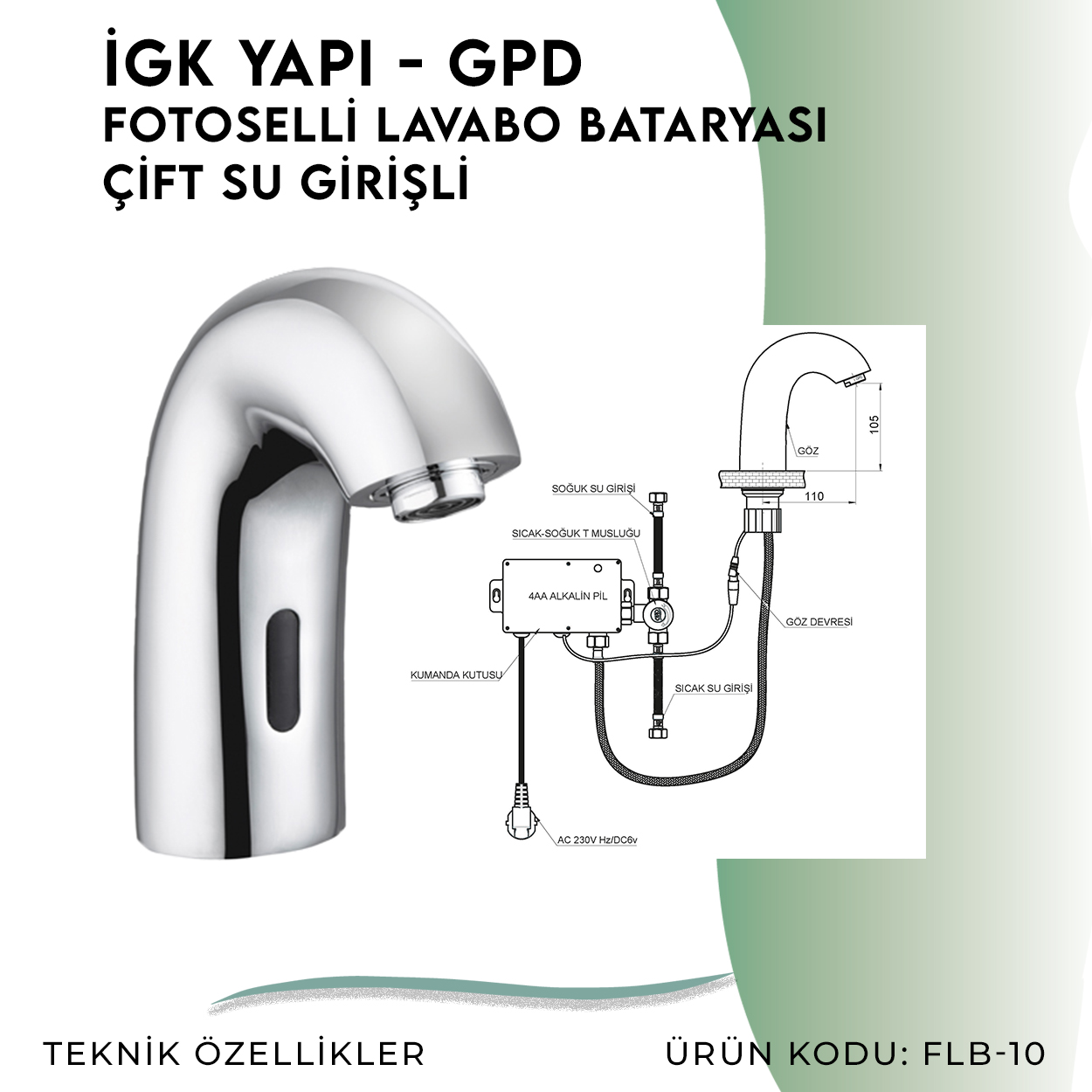İGK YAPI - GPD Fotoselli Lavabo Bataryası (Çift Su Girişli)  (FLB10) - Resim 4