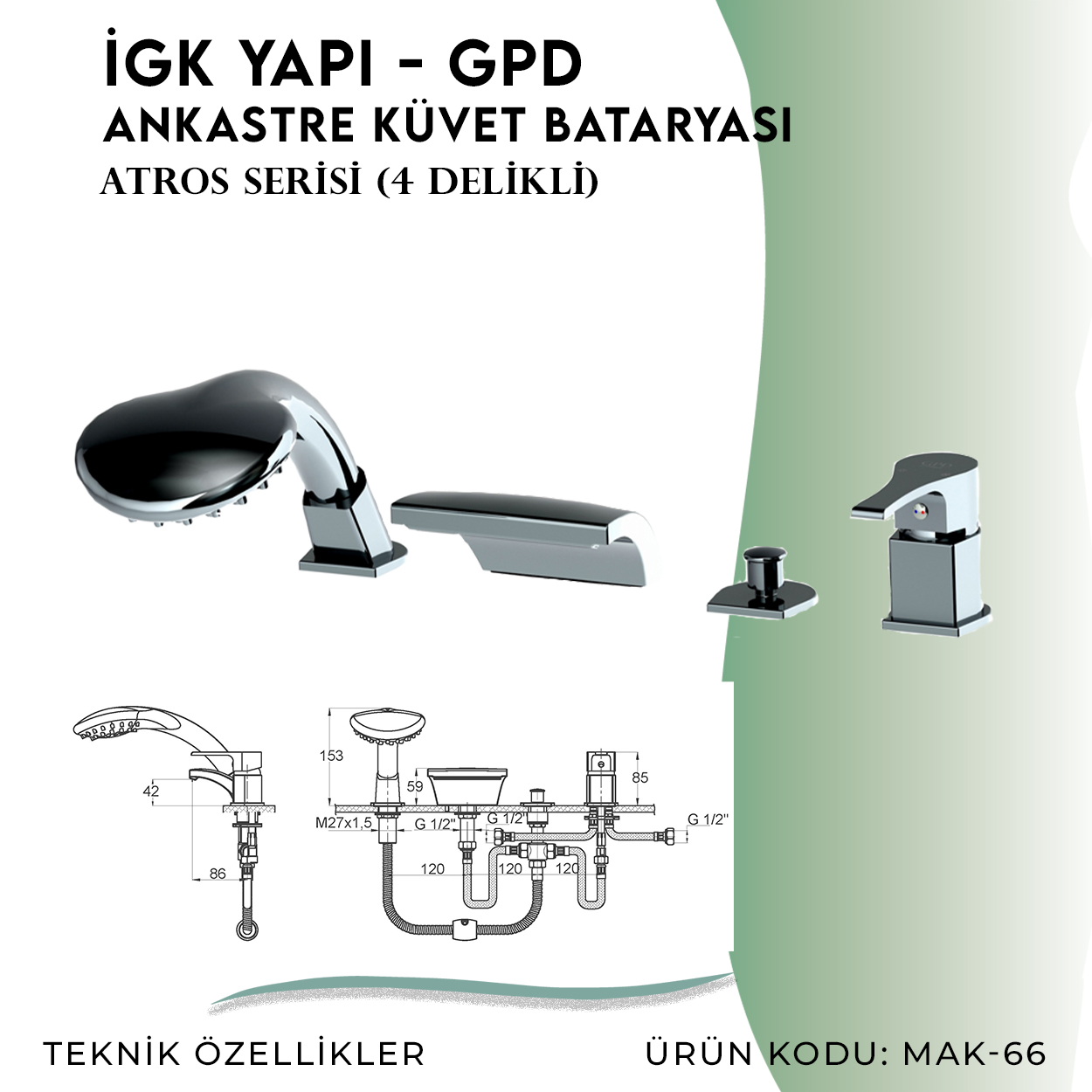 İGK YAPI - GPD Atros Ankastre Küvet Bataryası (4 Delikli) (MAK66) - Resim 4