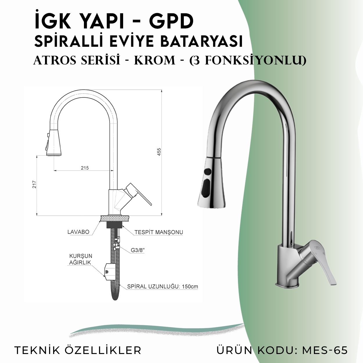 İGK YAPI - GPD Atros Spiralli Eviye Bataryası (2 Fonksiyonlu) (MES65) - Resim 4