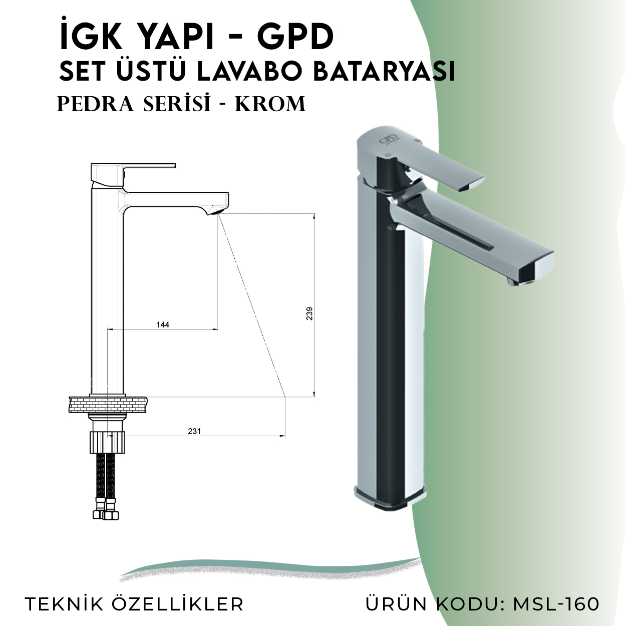 İGK YAPI - GPD Pedra Set Üstü Lavabo Bataryası (MSL160) - Resim 4