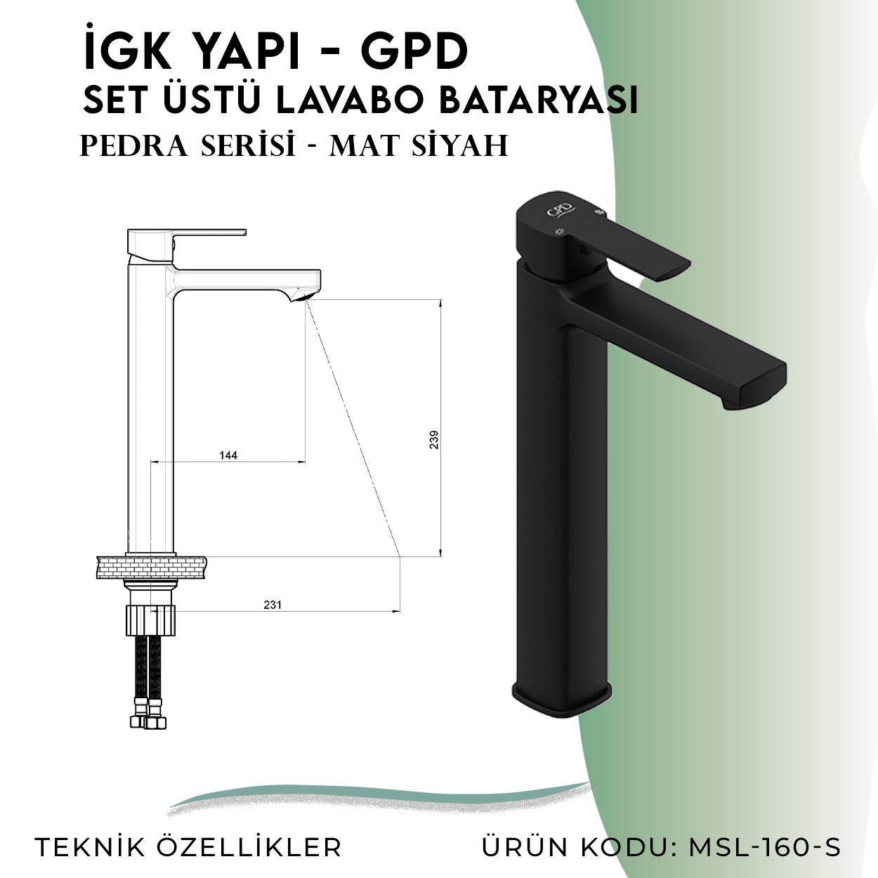 İGK YAPI - GPD S Pedra Set Üstü Lavabo Bataryası  (MSL160-S) - Resim 4