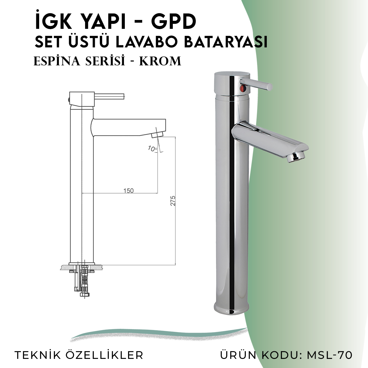 İGK YAPI - GPD Espina Set Üstü Lavabo Bataryası (MSL70) - Resim 4