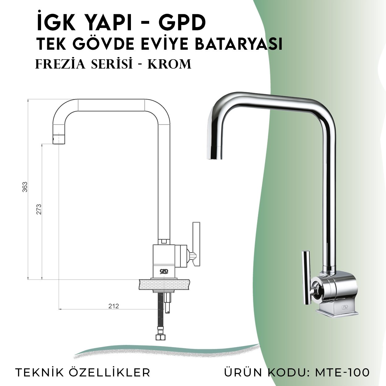 İGK YAPI - GPD Frezia Tek Gövde Eviye Bataryası (MTE100) - Resim 4