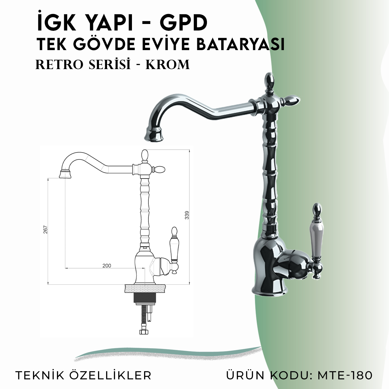 İGK YAPI - GPD GPD Retro Tek Gövde Eviye Bataryası (MTE180) - Resim 4