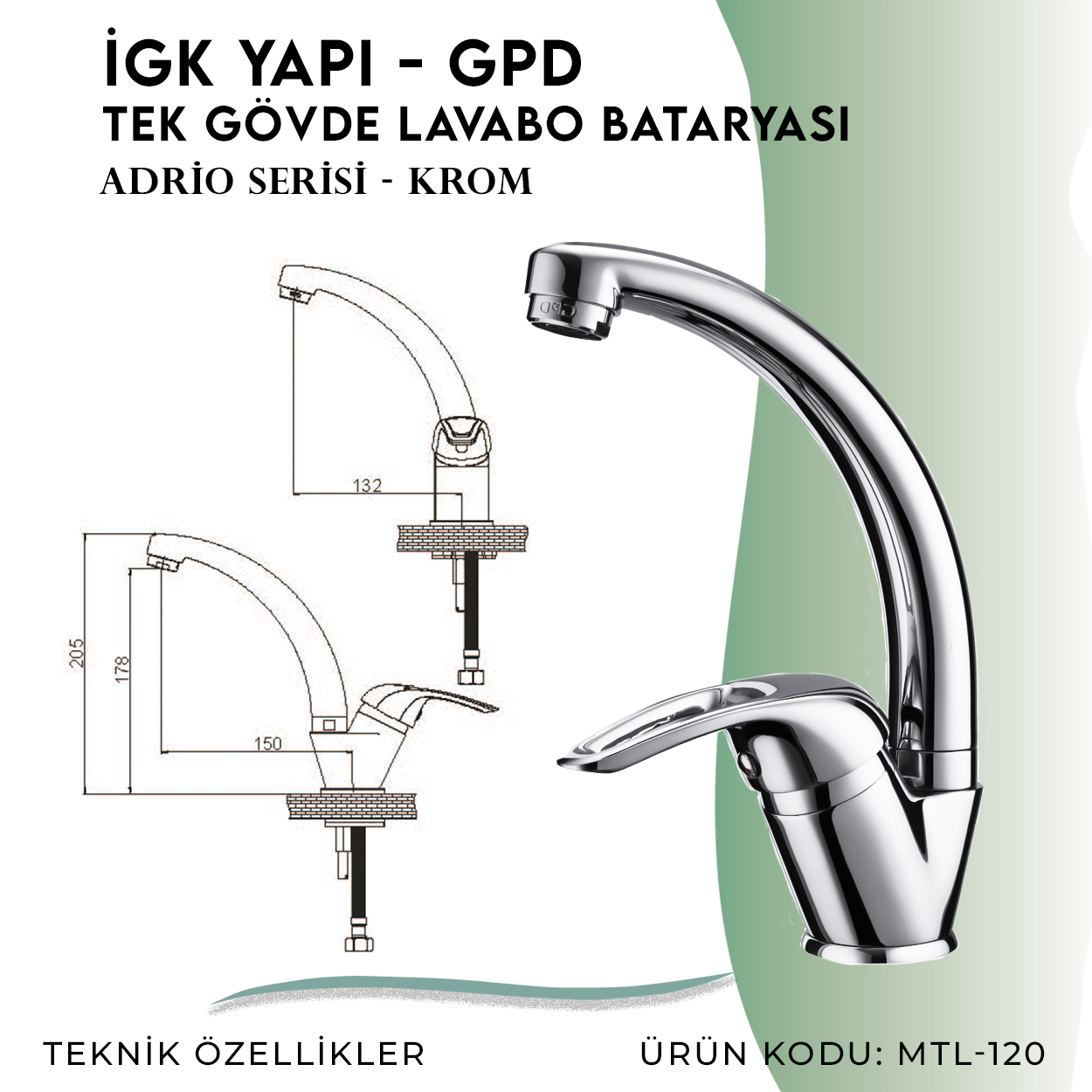 İGK YAPI - GPD Adrio Tek Gövde Lavabo Bataryası  (MTL120) - Resim 4