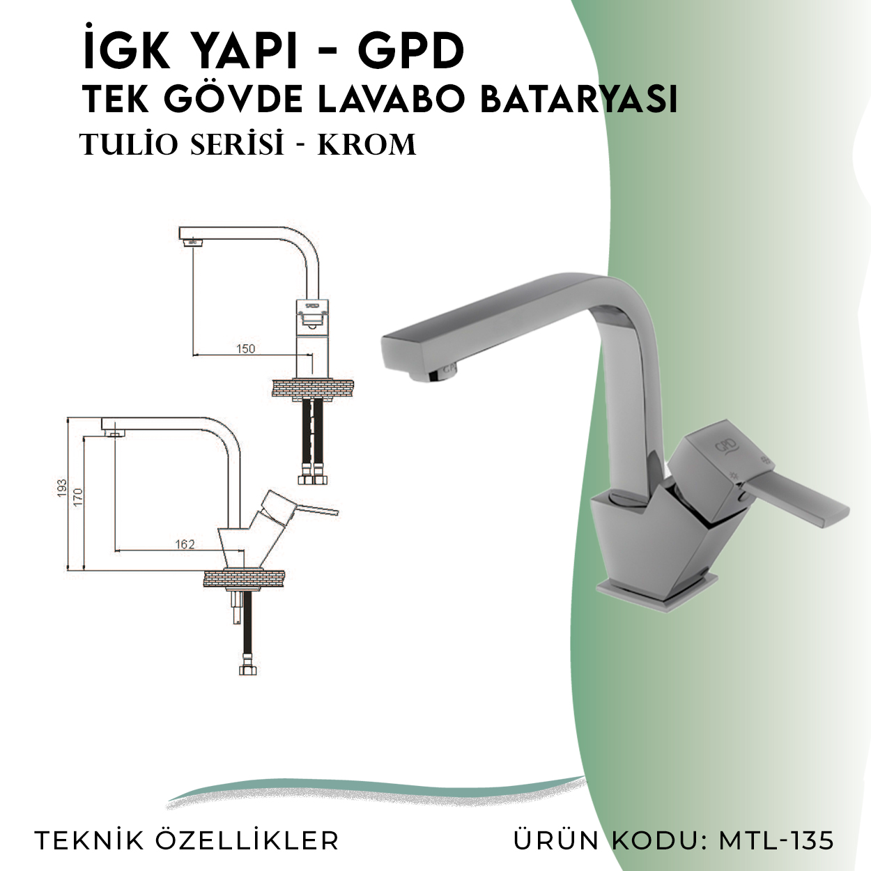 İGK YAPI - GPD Tulio Tek Gövde Lavabo Bataryası (MTL135) - Resim 4