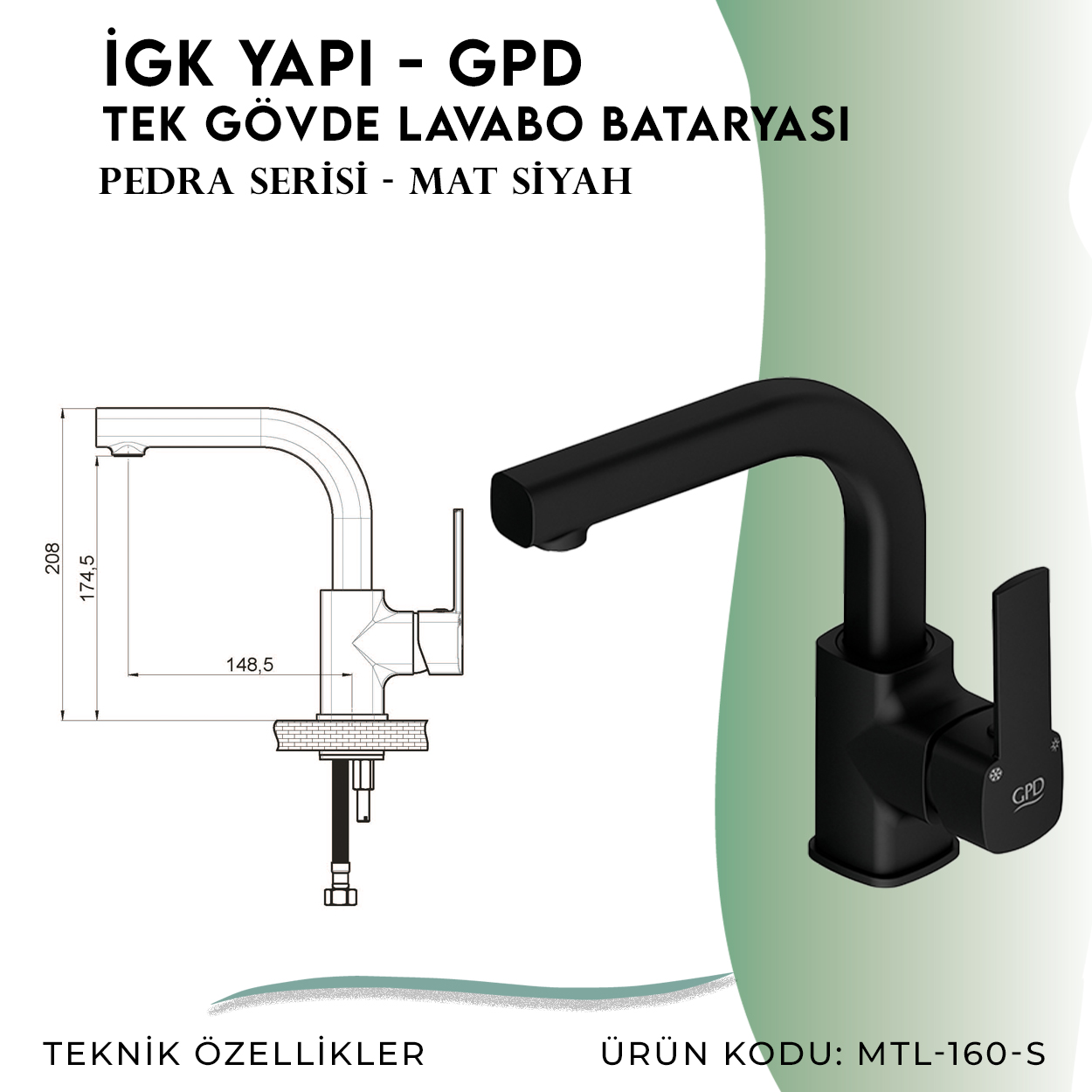 İGK YAPI - GPD S Pedra Tek Gövde Lavabo Bataryası (MTL160-S) - Resim 4