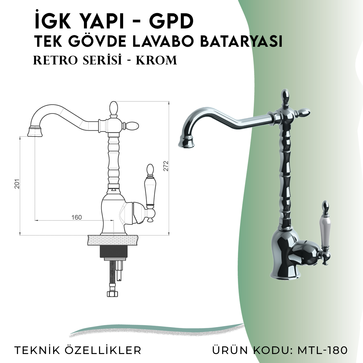 İGK YAPI - GPD GPD Retro Tek Gövde Lavabo Bataryası (MTL180) - Resim 4