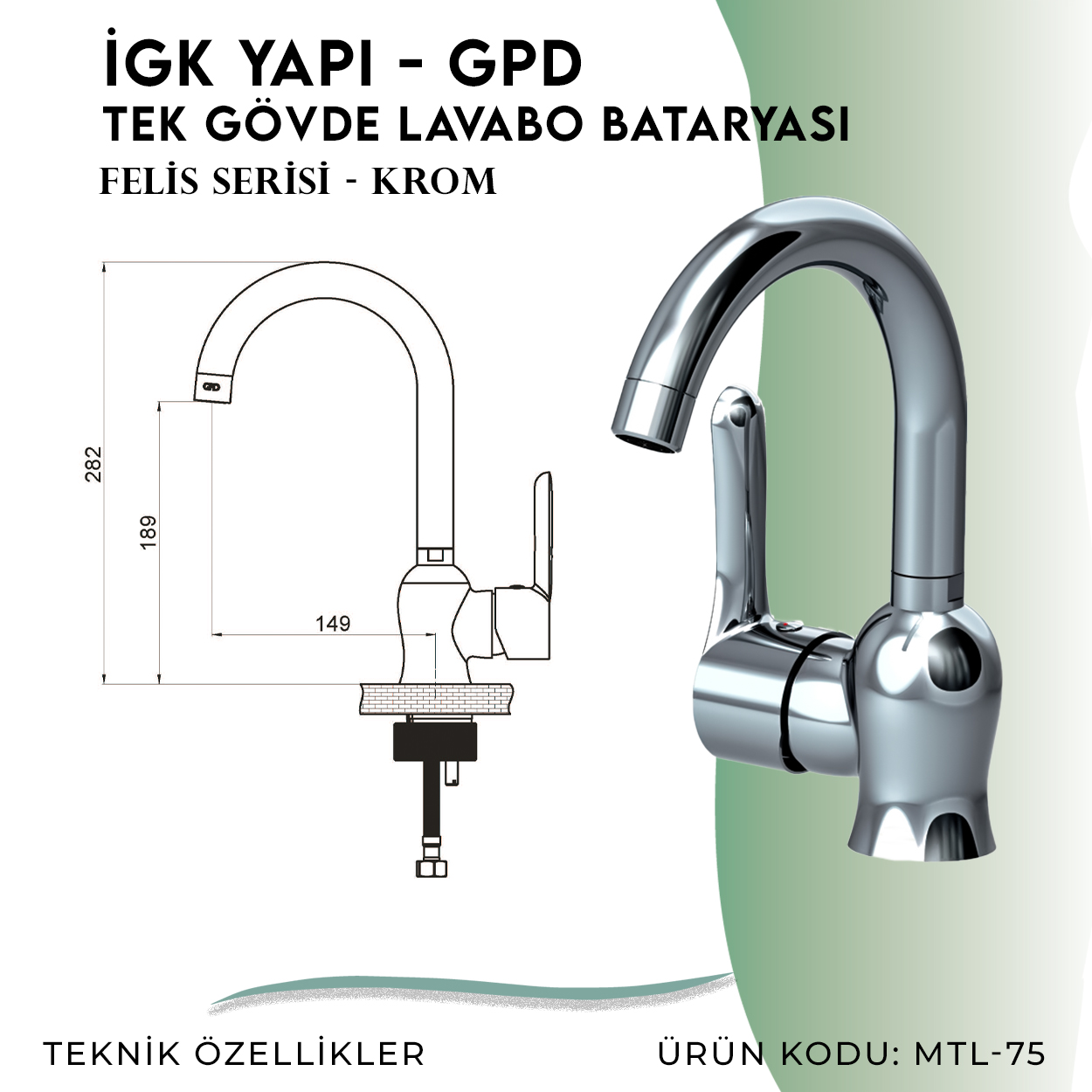 İGK YAPI - GPD Felis Tek Gövde Lavabo Bataryası (MTL75) - Resim 4