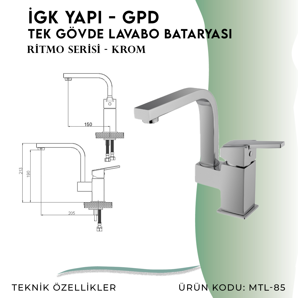 İGK YAPI - GPD Ritmo Tek Gövde Lavabo Bataryası (MTL85) - Resim 4