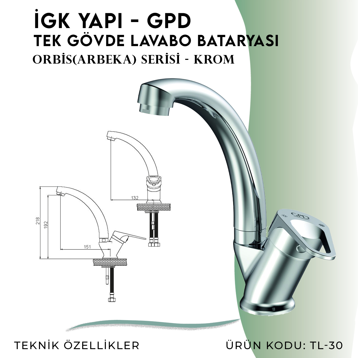 İGK YAPI - GPD Orbis Tek Gövde Lavabo Bataryası (TL30) - Resim 4