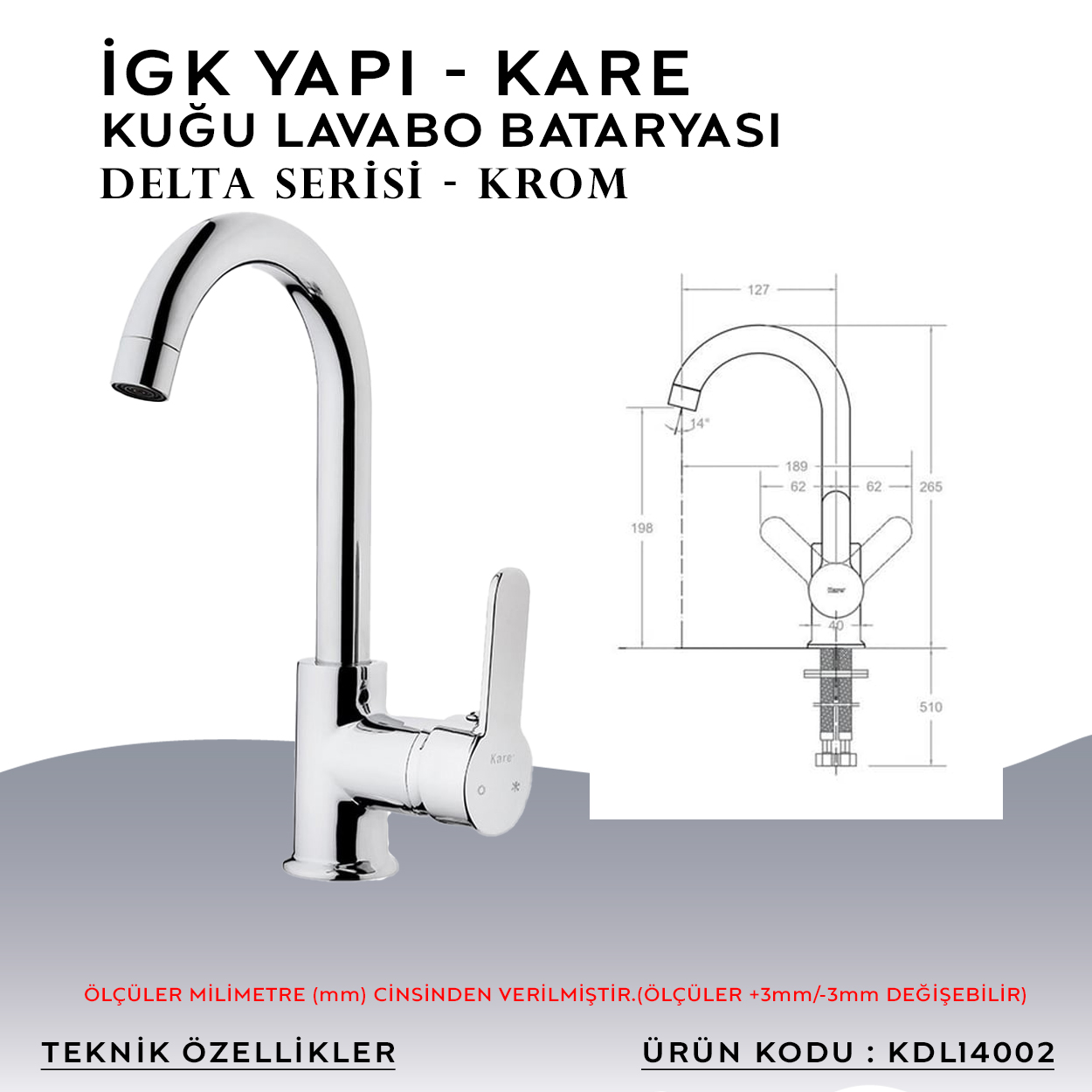 İGK YAPI – KARE KDL14002 Delta Kuğu Lavabo Bataryası - Resim 4