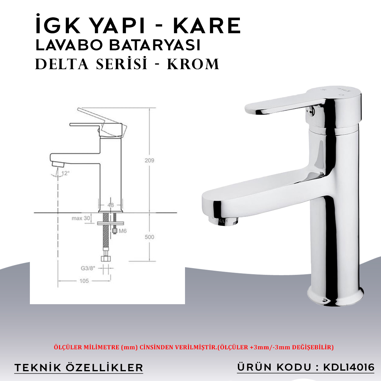 İGK YAPI – KARE KDL14016 Delta Lavabo Bataryası - Resim 4