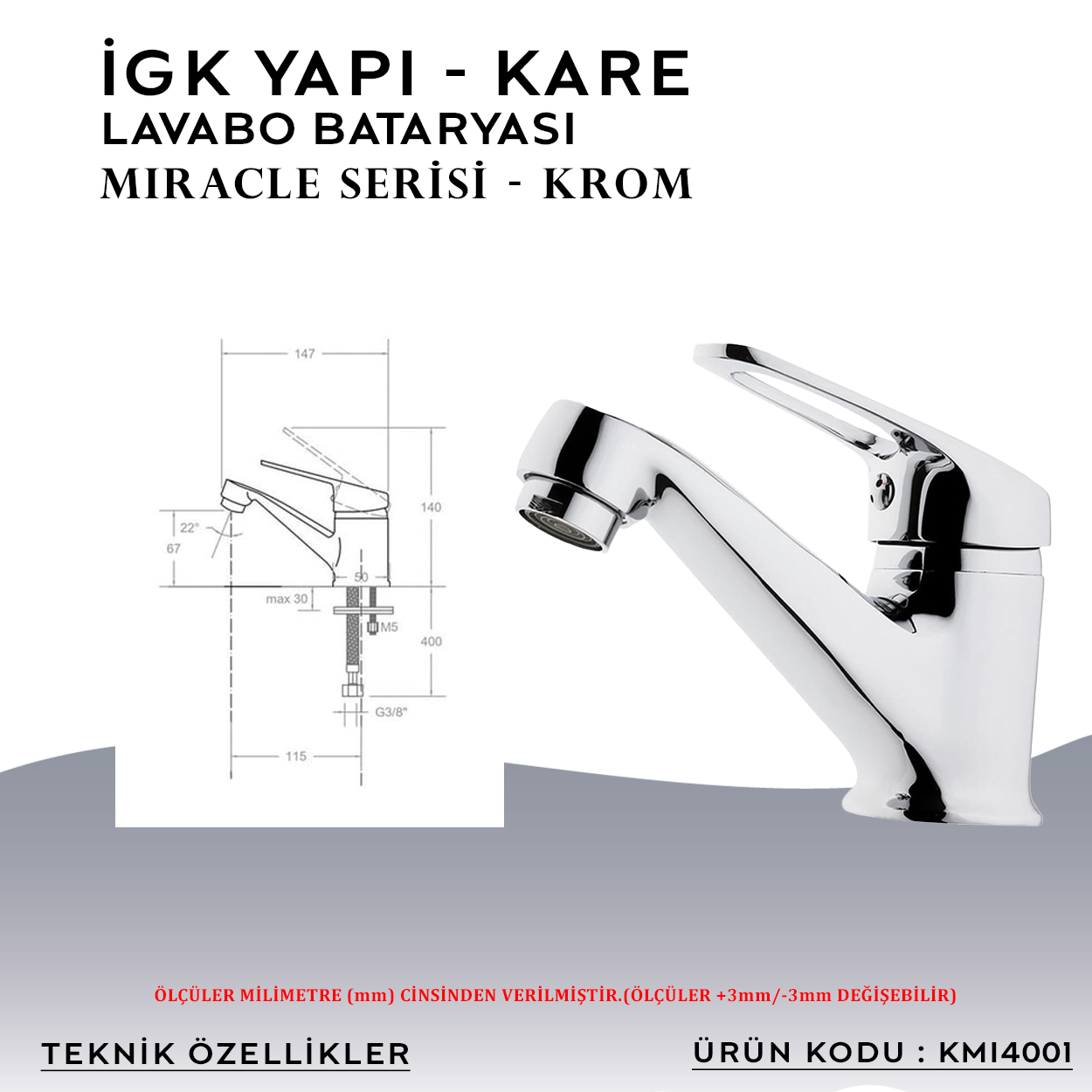 İGK YAPI – KARE KMI4001 Miracle Lavabo Bataryası - Resim 4
