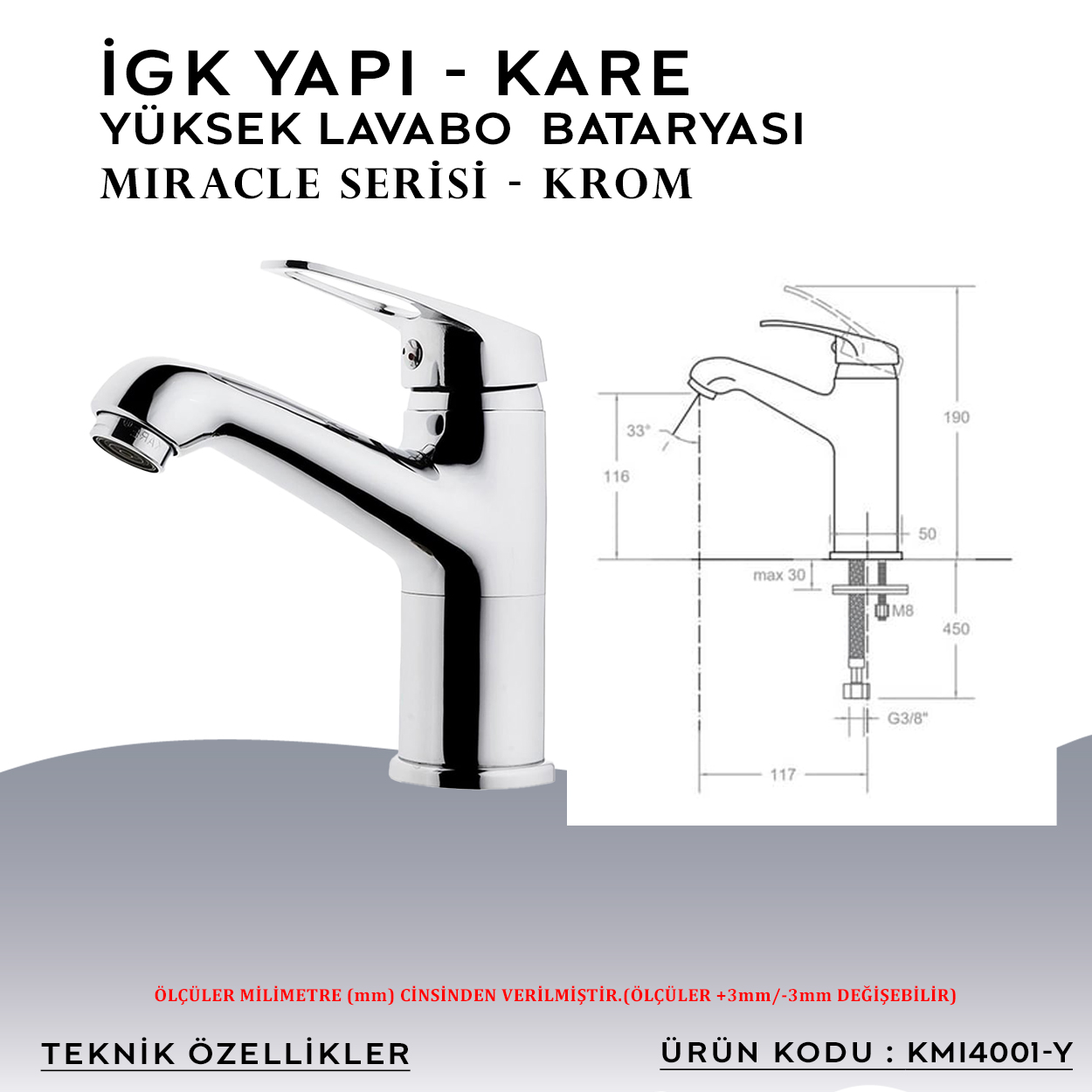 İGK YAPI – KARE KMI4001-Y Miracle Yüksek Lavabo Bataryası - Resim 4