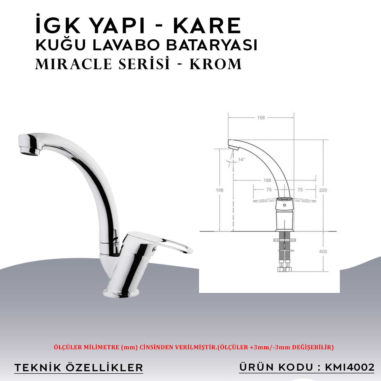 İGK YAPI – KARE KMI4002 Miracle Kuğu Lavabo Bataryası - Resim 4