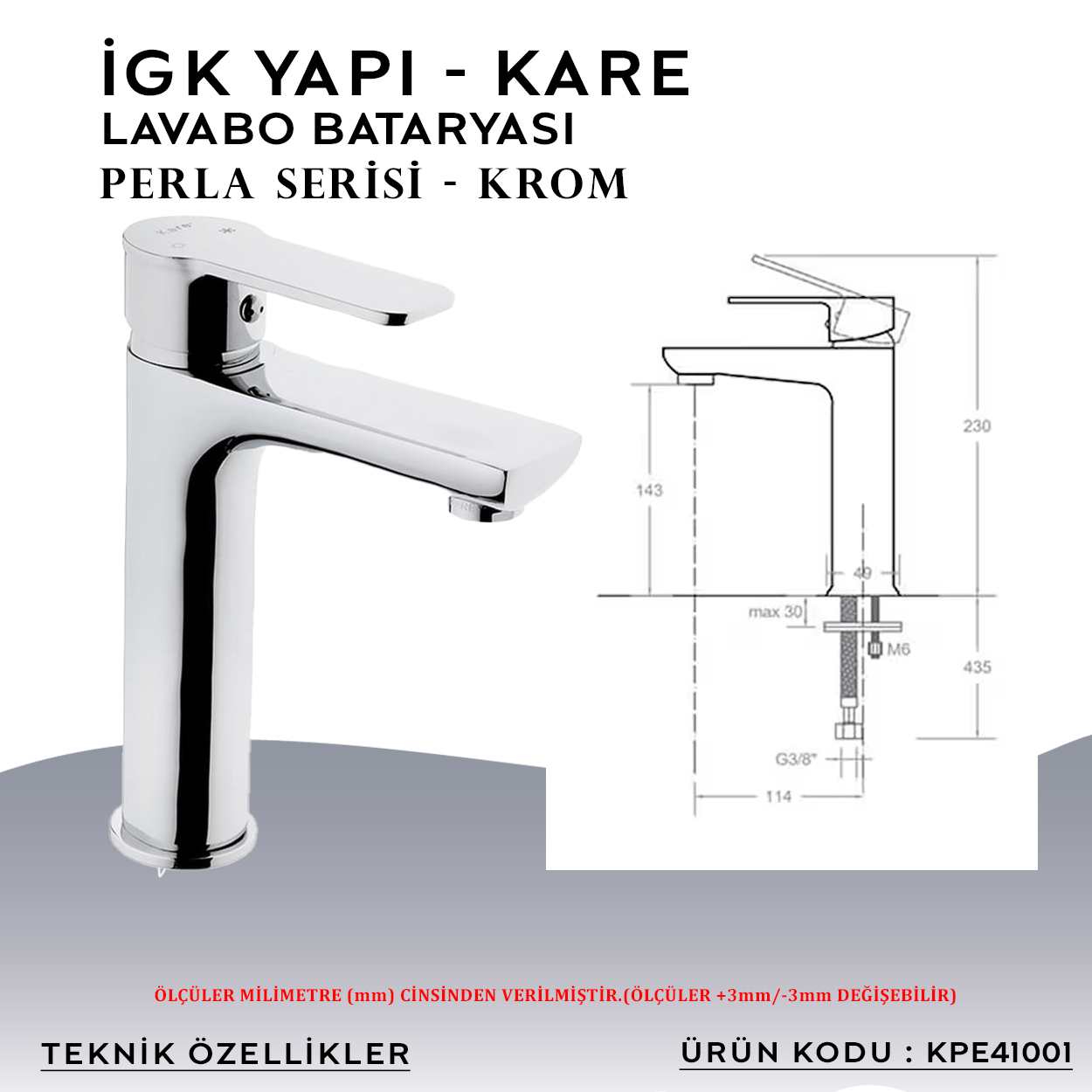 İGK YAPI – KARE KPE41001 Perla Lavabo Bataryası - Resim 4