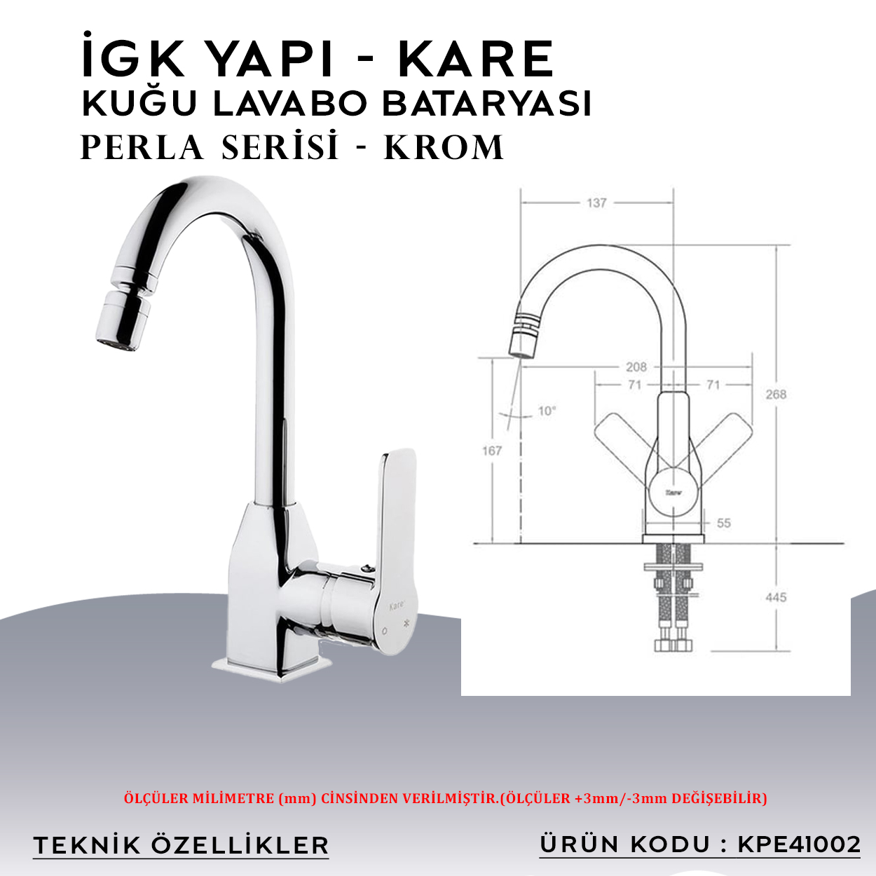 İGK YAPI – KARE KPE41002 Perla Kuğu Lavabo Bataryası - Resim 4