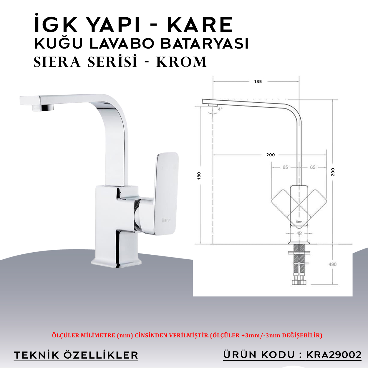 İGK YAPI – KARE KRA29002 Siera Kuğu Lavabo Bataryası - Resim 4