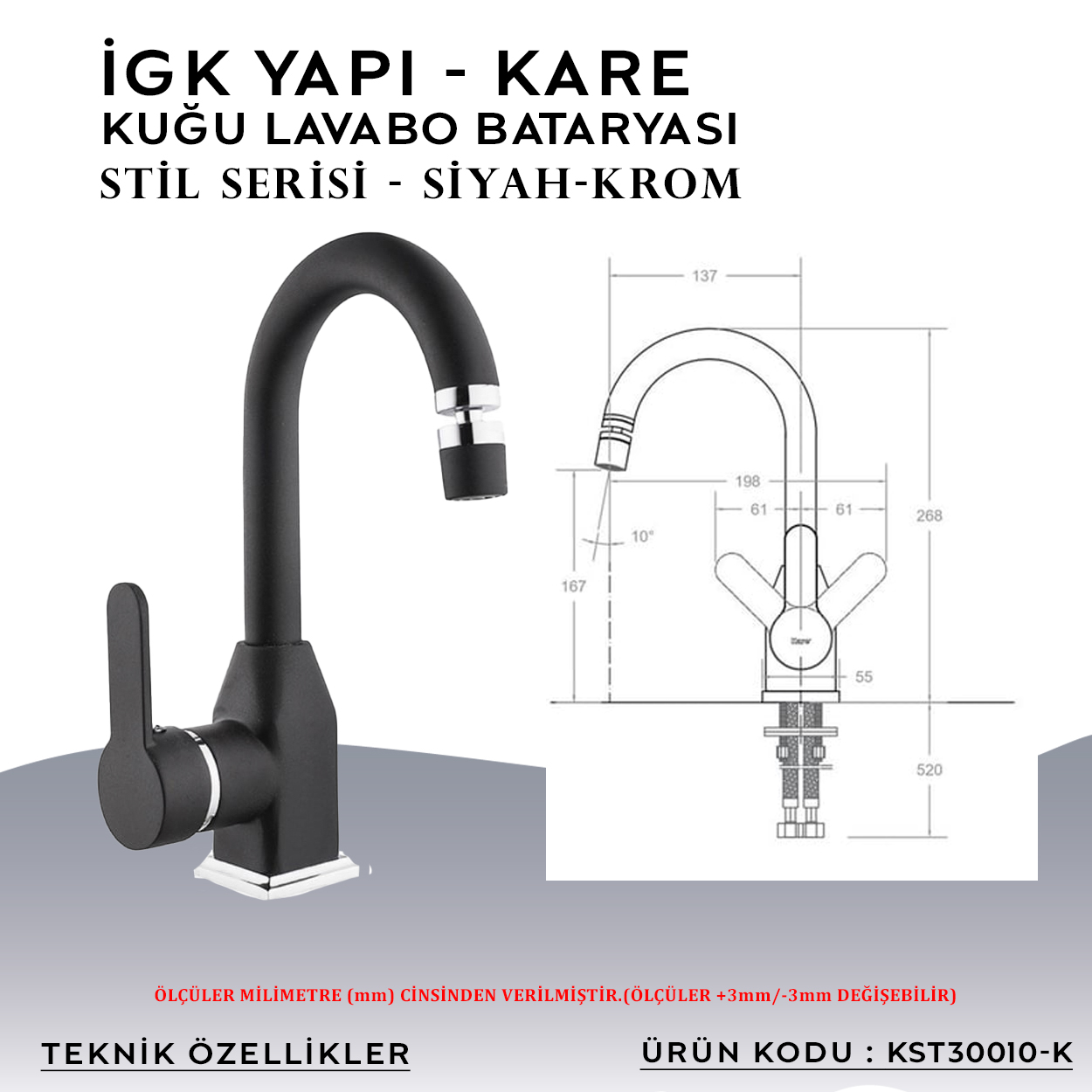İGK YAPI – KARE KST30010-K Stil Kuğu Lavabo Bataryası - Resim 4
