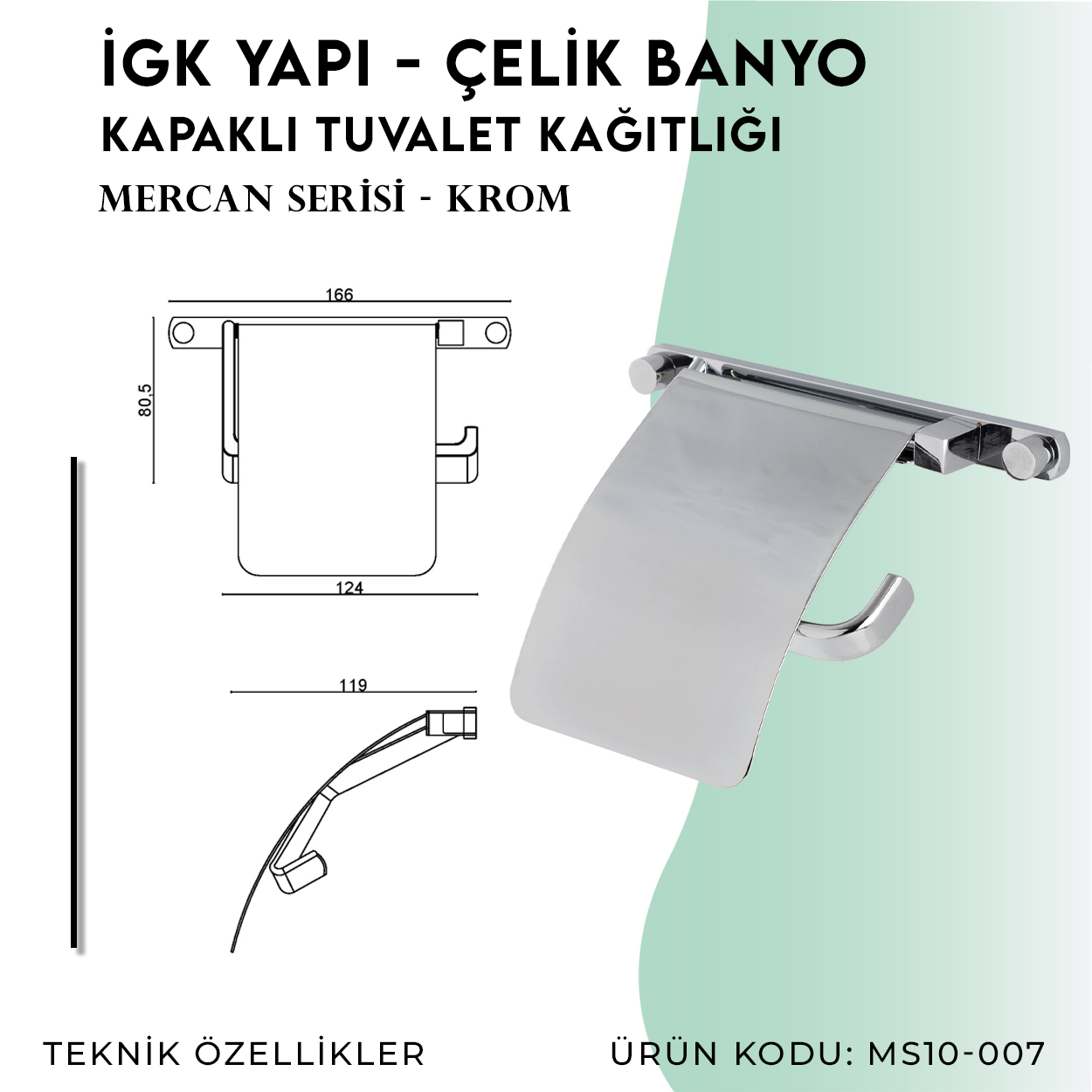 İGK YAPI - Çelik Banyo Mercan Geniş Kapaklı Tuvalet Kâğıtlığı (MS10-007) - Resim 4
