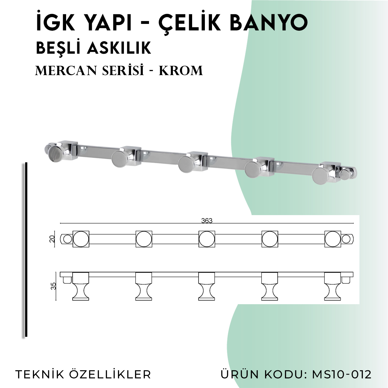 İGK YAPI - Çelik Banyo Mercan Beşli Askılık (MS10-012) - Resim 4