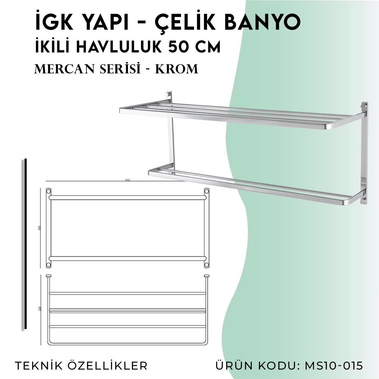 İGK YAPI - Çelik Banyo Mercan İkili Havluluk 50cm (MS10-015) - Resim 4