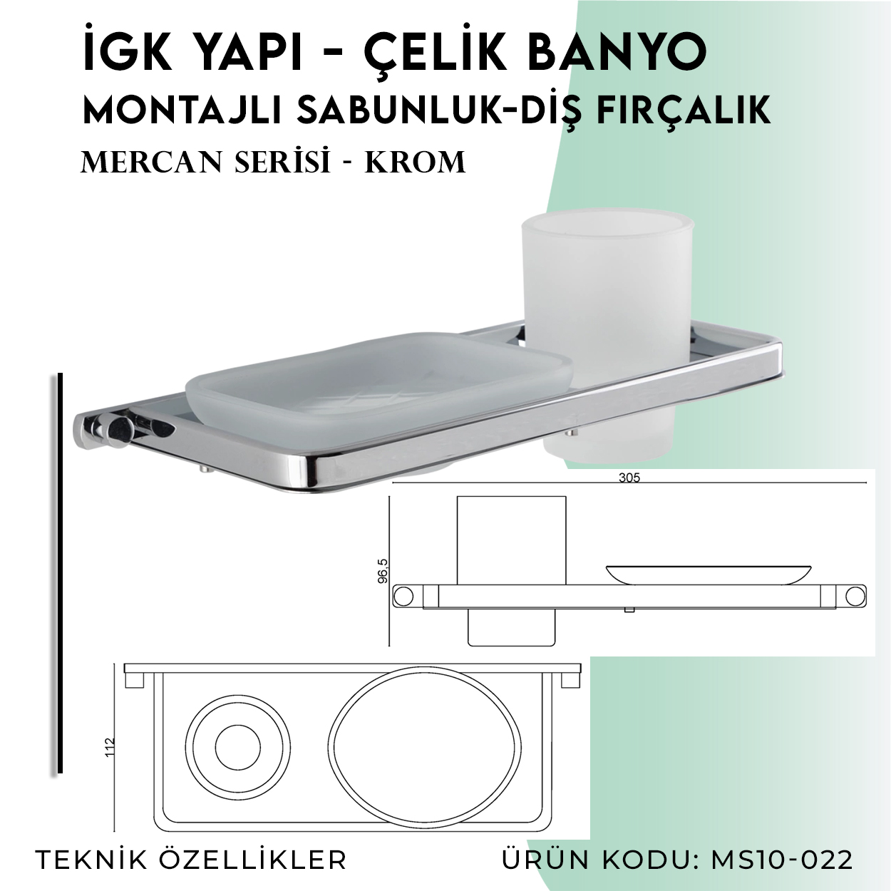 İGK YAPI - Çelik Banyo Mercan Montajlı Sabunluk-Diş Fırçalık (MS10-022) - Resim 4
