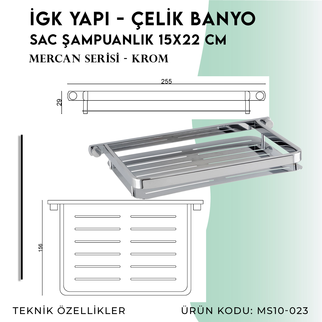 İGK YAPI - Çelik Banyo Mercan Saç Şampuanlık Krom 15x22cm (MS10-023) - Resim 4