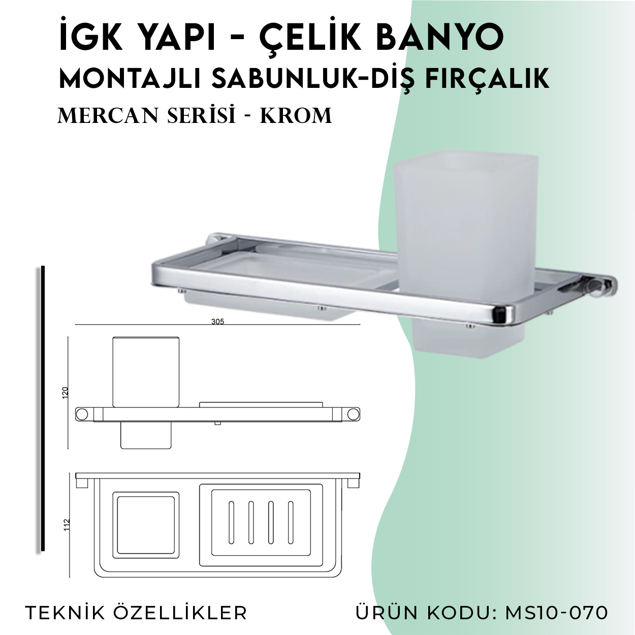 İGK YAPI - Çelik Banyo Mercan Montajlı Sabunluk-Diş Fırçalık (MS10-070) - Resim 4