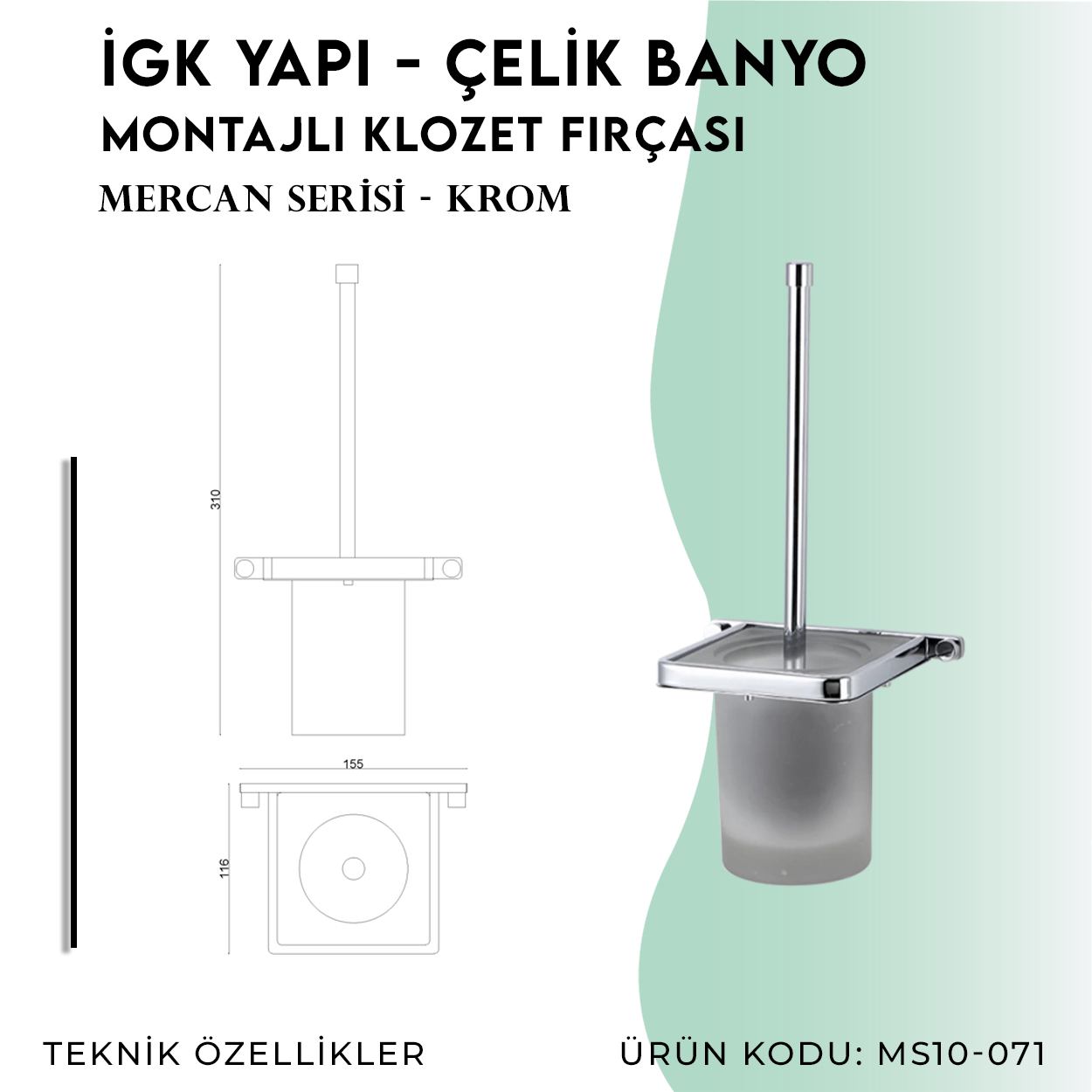 İGK YAPI - Çelik Banyo Mercan Montajlı Klozet Fırçası (MS10-071) - Resim 4